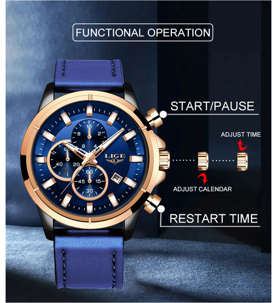LIGE мужские часы 2019 Топ бренд класса люкс синяя кожа водонепроницаемые кварцевые наручные часы мужские повседневные Спортивные Хронограф