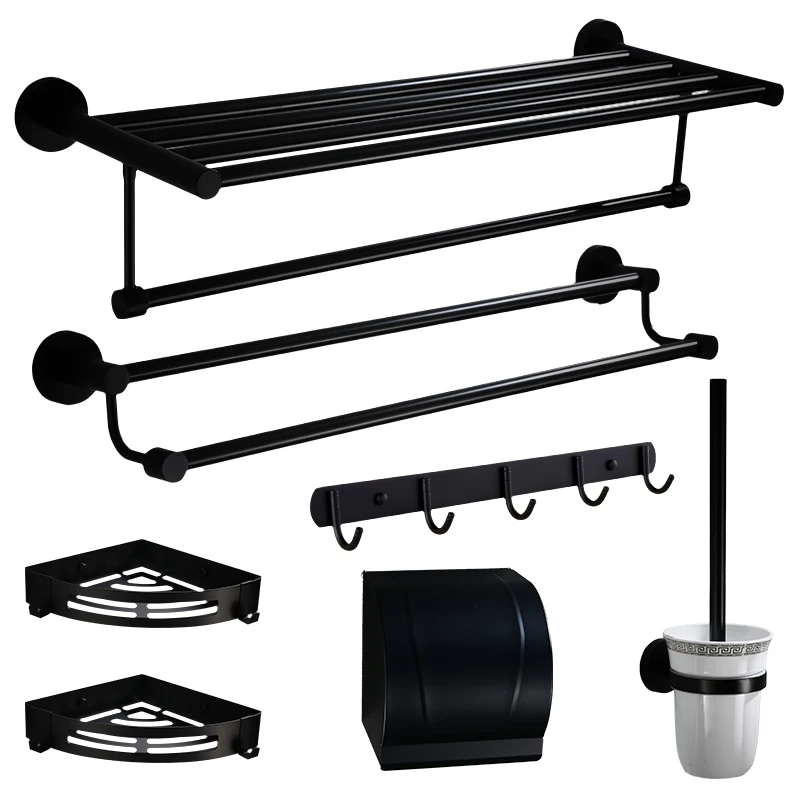 

European antique bathroom towel rack stainless steel black paper holder bathroom hair dry holder Storage rack pendant set