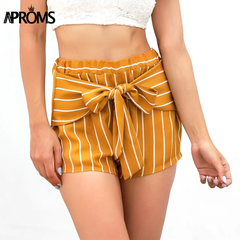 Aproms белый желтый полоса печати шорты Для женщин Мода 2019 Лето Шорты с высокой талией уличная лук с завязкой спереди тонкий шорты