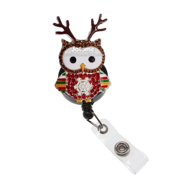 

50pcs/100pcs cartoon rhinestone antlers owl badge reel rainbow enamel christmas snowflake owl birds retractable id badge holder