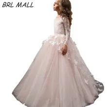 Изящный светильник розовая с длинными рукавами Платья с цветочным узором для девочек бальное платье бабочка кружева девушки вечернее праздничное платье AB03