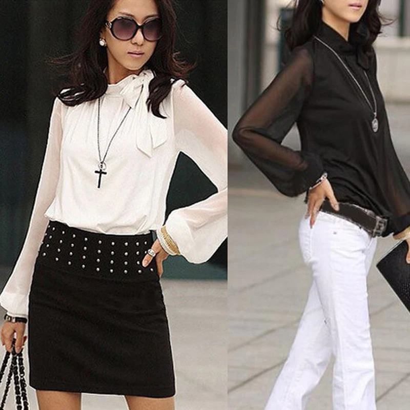 2016 Spring Women Clothes Long Sleeve Blouse Bow Collar