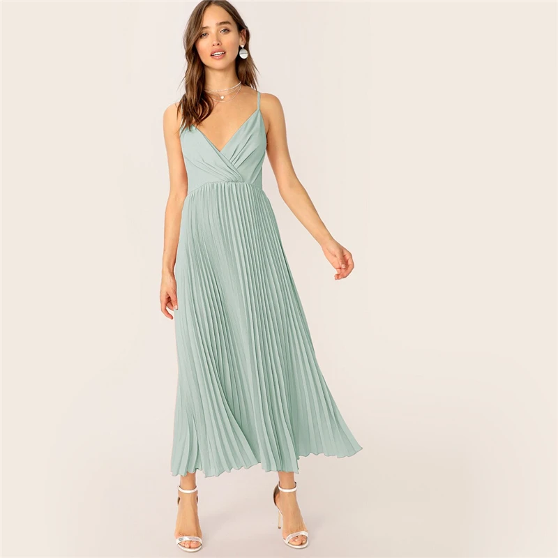 

Surplice Neck Pleated Dress Summer Fit And Flare Dress Pink Pastel Romantic Women Sleeveless Spaghetti Strap Dresses