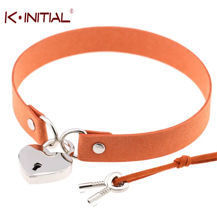 Kinitial Готический Панк Ожерелье Стиль Многоцветный Сердце с Замком Кулон PU Leather Choker Воротник Chocker Ожерелье для Женщин Подарок - Окраска металла: Родиевое покрытие