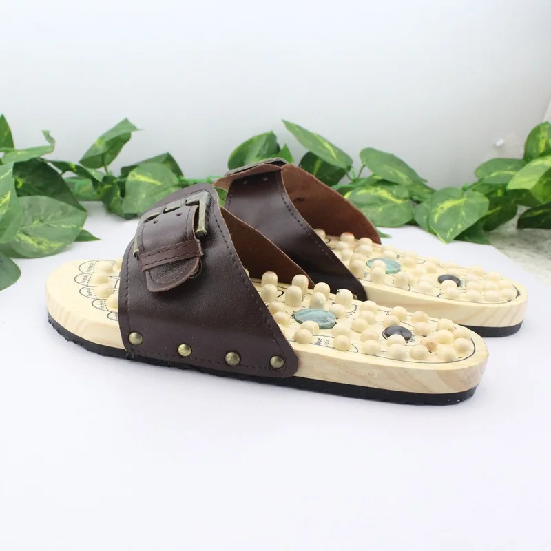 Health care Wooden base acupunture foot massage slippers natural stone acupoint massage slippers-8