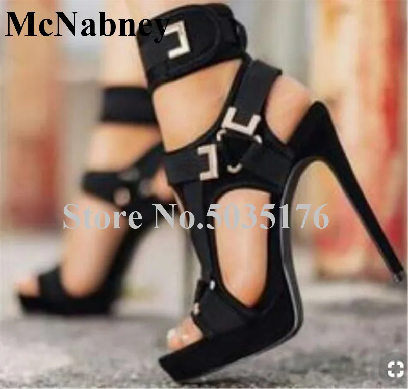 

2019 European Fashion Flock Metal Peep Toe Sandals T-tied Ankle Strap Platform Hook And Loop Stiletto Heel Sandals Women Shoes