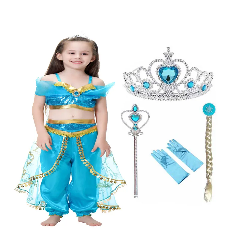 Aladdin Magic/Детские летние костюмы для выступлений на Хэллоуин, топы с пайетками и юбка-брюки, 2 предмета, для дня рождения, для девочек