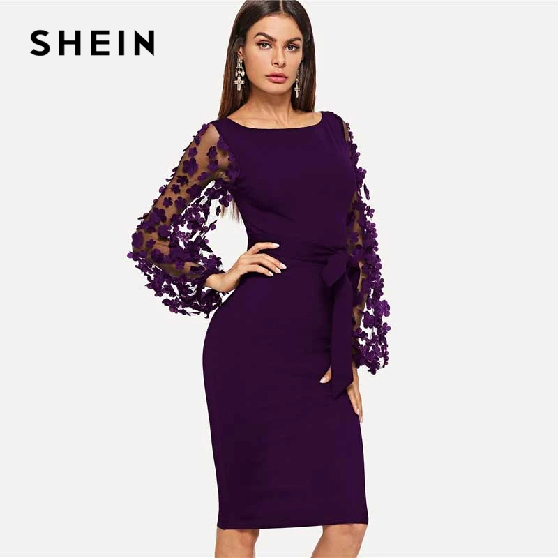 flower applique mesh sleeve pleated dress