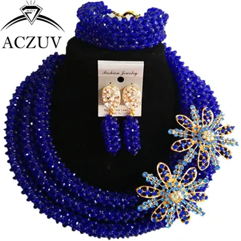 

ACZUV Latest Royal Blue Crystal Beaded African Jewellery Designs Nigerian Wedding Beads Jewelry Set B3R023
