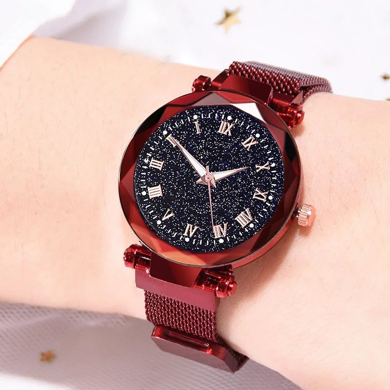 

1 Pcs Women Luminous Quartz Watch Starry Sky Dial with Magnetic Alloy Mesh Band NFE99