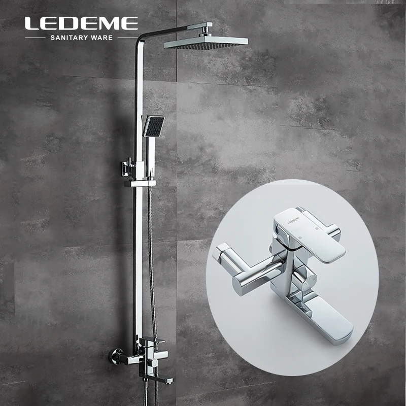 

LEDEME Chrome Finished Square Bath Shower Faucet Sets with Big Rainfall Shower Head and ABS Handhead Shower Bathtub Shower L2433