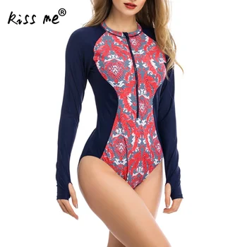 

One Piece Swimsuit Sun Protection Padded Solid Women'S Long Sleeve Surfing Rash Guards Zipper Swimming Snorkeling Suits Floral