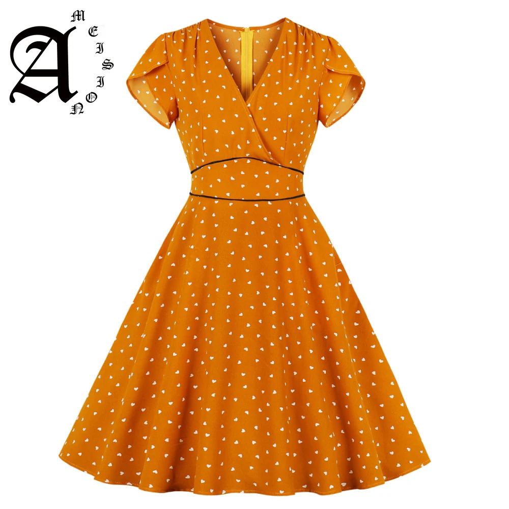 

Ameision Elegant Style Pink Orange Tiny Print Women Retro Dress Sexy V Neck Short Sleeves Pockets Women Vintage Dresses Vestidos