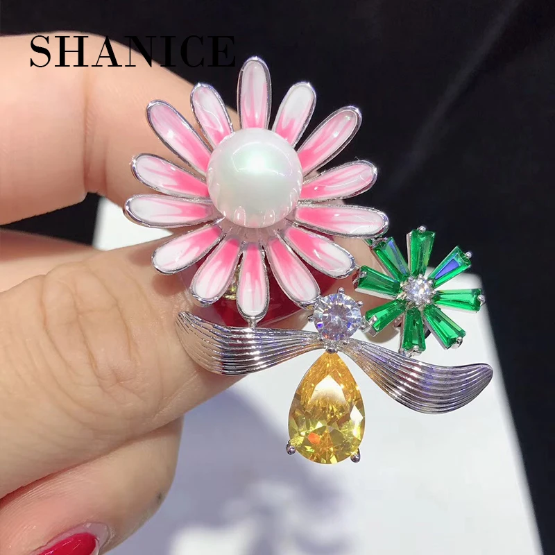 

SHANICE Green & Pink New high-end fashion micro-inlay zircon three-dimensional Korean pearl big flower brooch shawl buckle pin