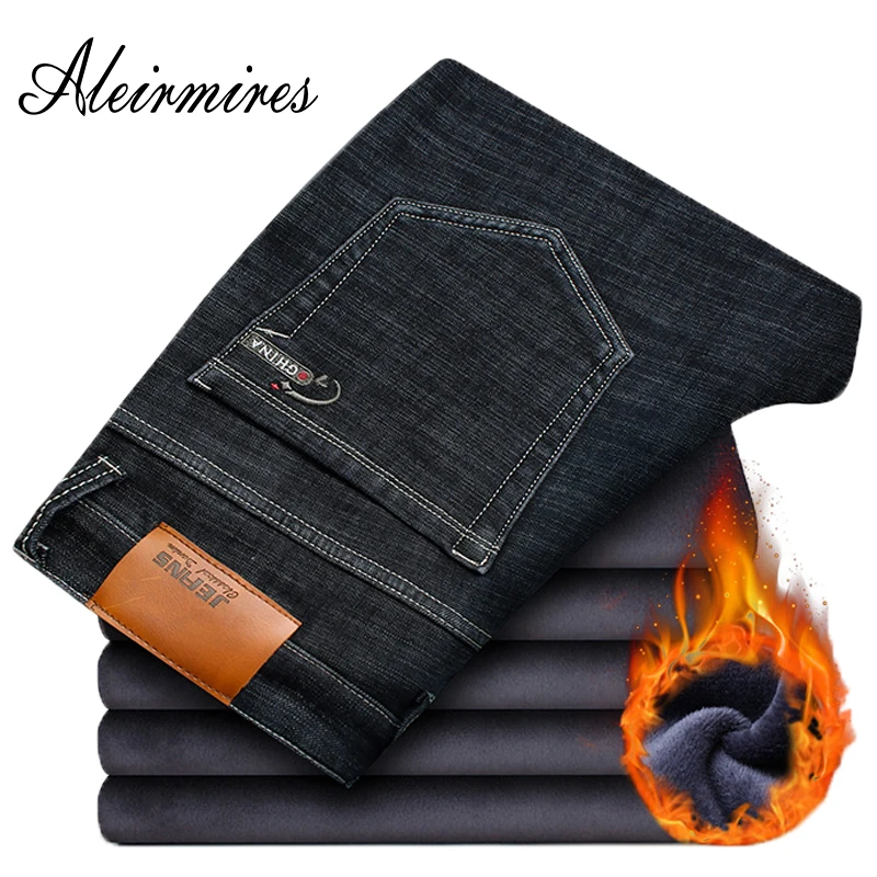 Aleirmires теплые зимние джинсы Для мужчин 2018 Новая мода Повседневное Slim Fit эластичный с флисовой подкладкой Большие размеры 44 46 Мужской стрейч