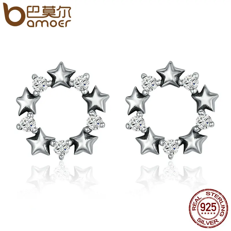 BAMOER Hot Sale Genuine 925 Sterling Silver Stackable Star Stud Earrings for Women Sparkling CZ Authentic Silver Jewelry SCE185