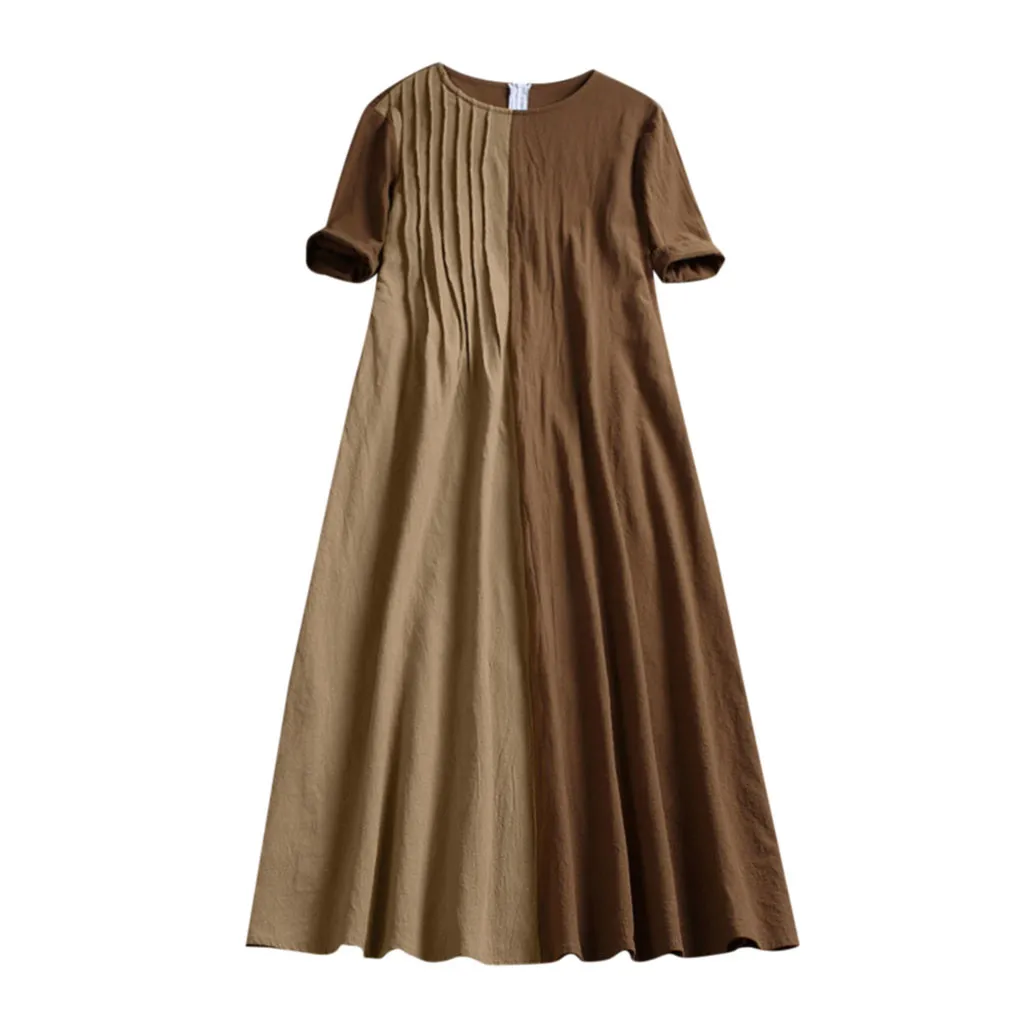 Женское летнее платье из хлопка и льна с круглым вырезом и коротким рукавом, однотонные свободные платья, вечерние платья, летние платья vestidos - Цвет: Coffee