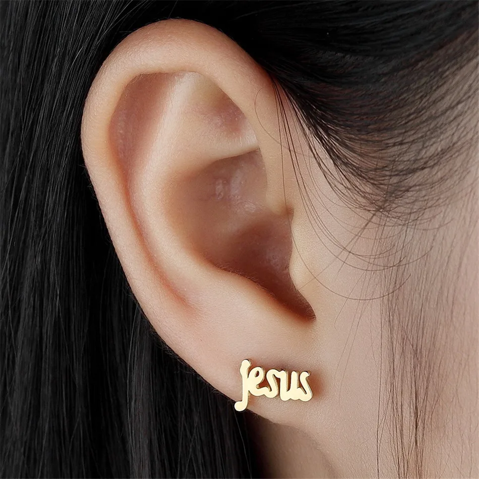 

FGifter Hiphop Rock Jesus Stud Earrings Gold Silver Color Small Earring Women Men's Stainless Steel Ear Piercing Jewelry