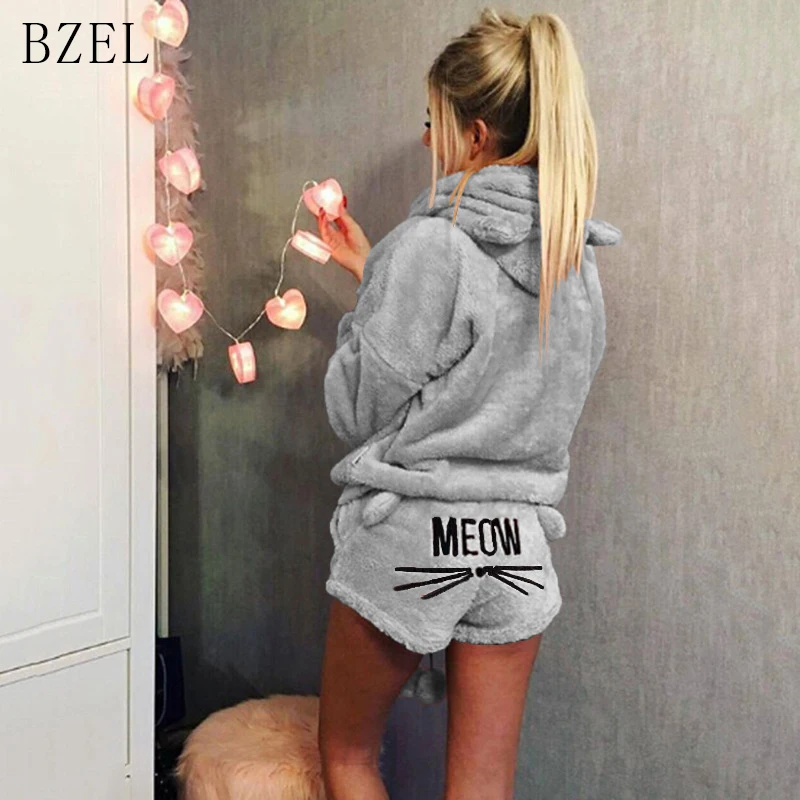 

BZEL New Pajamas Sets Long Sleeve Sleepwear Flannel Nightwear Cartoon Cat Sleep Lounge Hooded Pijama Mujer Casual Home Wear 3XL