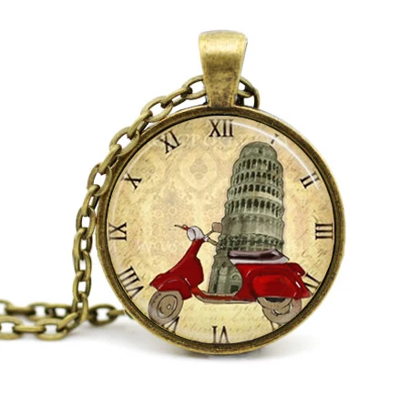 

2017 New Trendy Vespa Scooter Necklace Italy Leaning Tower Of Pisa Pendant World Travel Jewelry Glass Dome Photo Necklaces