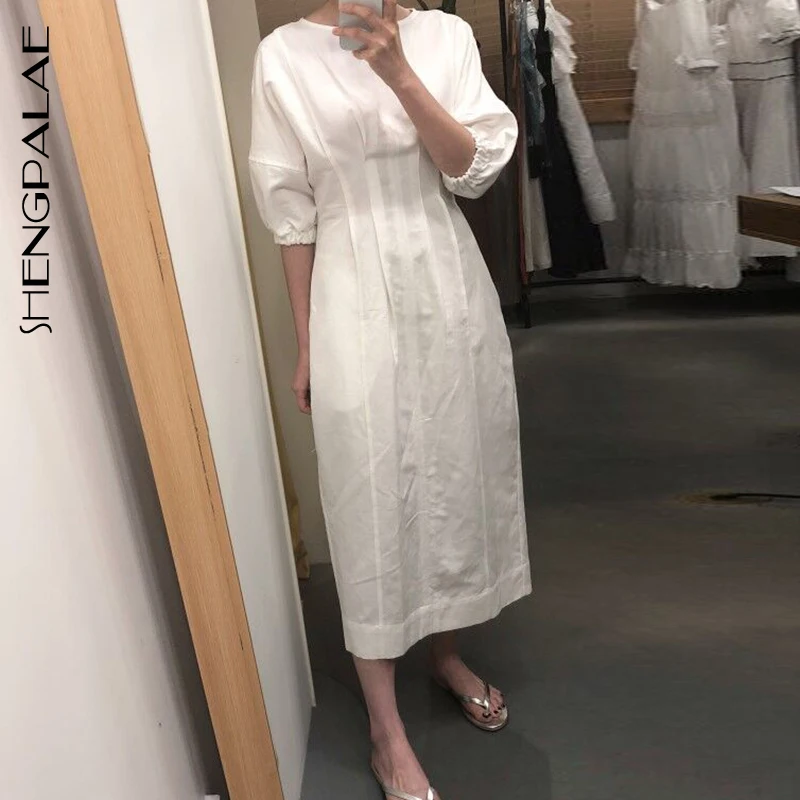 

SHENGPALAE New 2019 Summer Spring Japan Korea Style Mid-calf Half Puff Sleeve Empire Waist Solid O-neck Bud Dress Tide FQ989