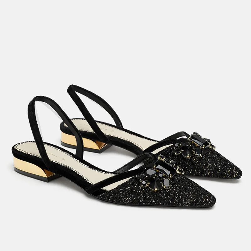 

Luxury Black Crystal Women Flat Sandals Slingback Gold Heel Women Sandals Pointed Toe Slip On Summer Mujer Sandale Femme A072