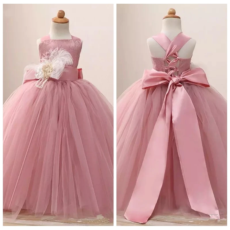 

2019 Spaghetti Ball Gown Tulle Flower Girls Dresses Ribbon Tulle Skirt Long Formal Vestidos De Girls Pageant Party Gowns Custom