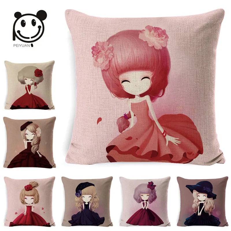 

PEIYUAN Cute Little Girl Pattern Pillowcase 40% Cotton Lien 45x45cm High Quality Car Chair Seat Cushion Cover kawaii Home