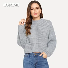COLROVIE серый однотонный Повседневный вязаный короткий женский свитер осенний вязаный свитер с длинным рукавом пуловер для девочек джемпер