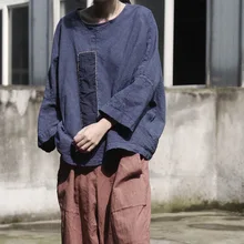 Весна новое поступление хлопок и лен Футболка свободная рукав летучая мышь с длинным рукавом женская футболка синий D799