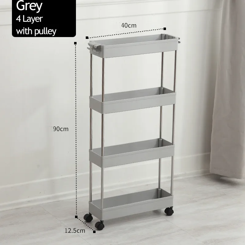 2/3/4 Layer Gap Storage Rack Kitchen Slim Slide Tower Movable Assemble Plastic Bathroom Shelf Wheels Space Saving Organizer - Цвет: Grey-4 Layer