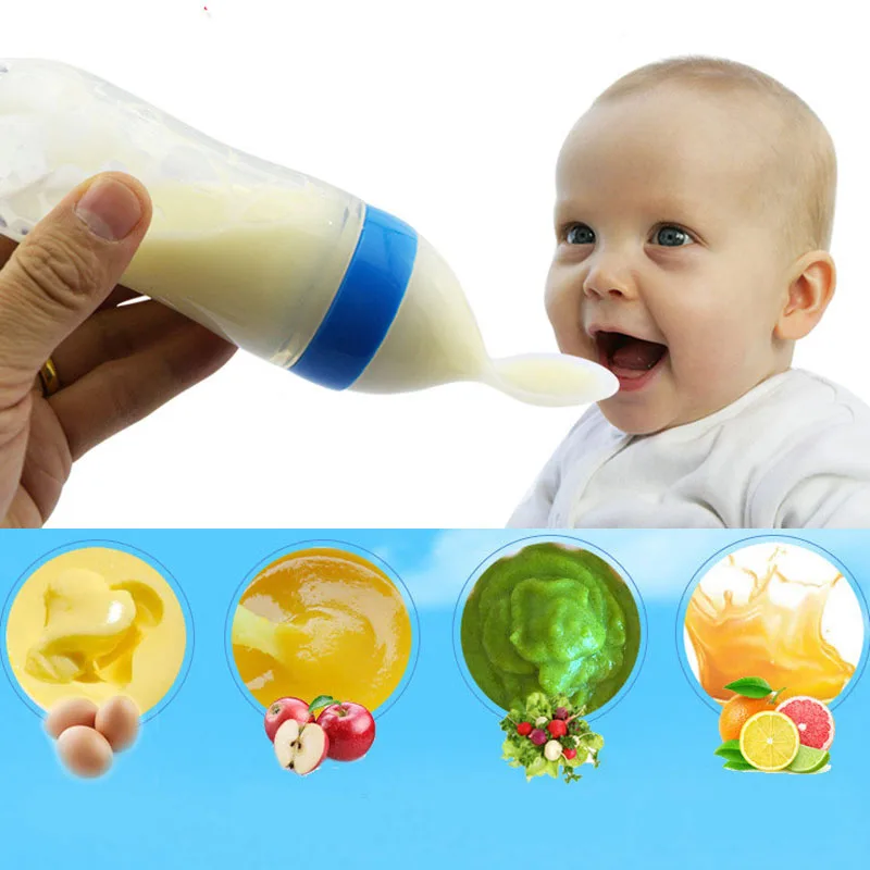 90ml Baby Silica Gel Squeeze Spoon Feeding Milk Bottle Toddler Food