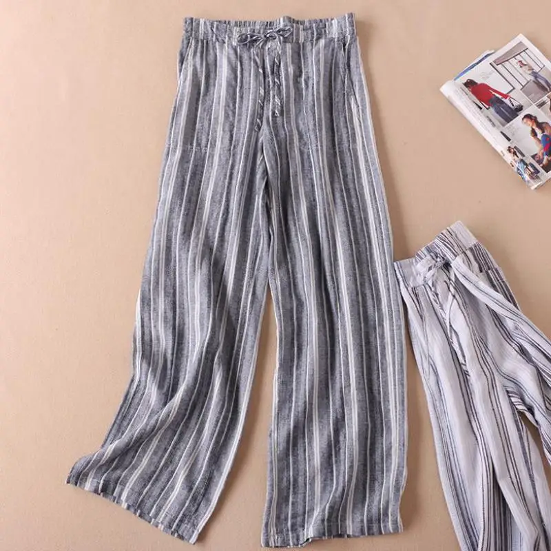 flax linen Women's Trousers Spring Thin Vertical Stripes Tie Tight ...