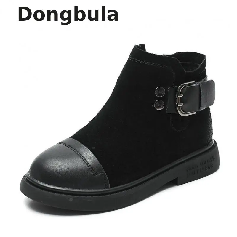 

Autumn Winter Girls Boots Children Plus Velvet Snow Boots Leather Rubber Soft Bottom Boy Fashion British Wind Bare Boots Kids