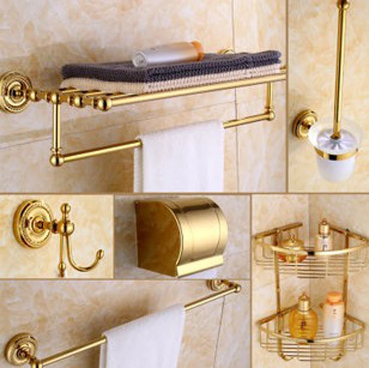 luxury golden brass bath hardware hanger set discount package towel bar rack paper holder shelf hook - Bathroom Accessories Luxury luxury golden brass bath hardware hanger set discount package towel bar rack paper holder shelf hook - Bathroom Accessories Luxury