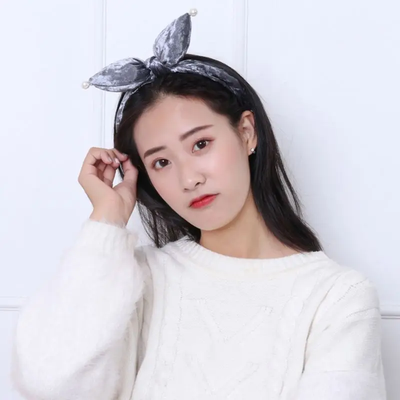 

Women Girls Winter Thicken Velvet Wide Headband Imitation Pearl Pointed Rabbit Ears Hairband Cute Solid Color Bowknot Headwrap
