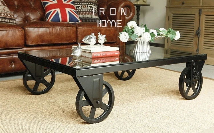 Square, wrought iron tea table. Belt wheel toughened glass tea table. Creative tea table.