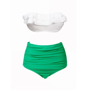 

Natural Color Wrap Chest High Waisted Swimsuit Cover White Green Band Fold Bikini