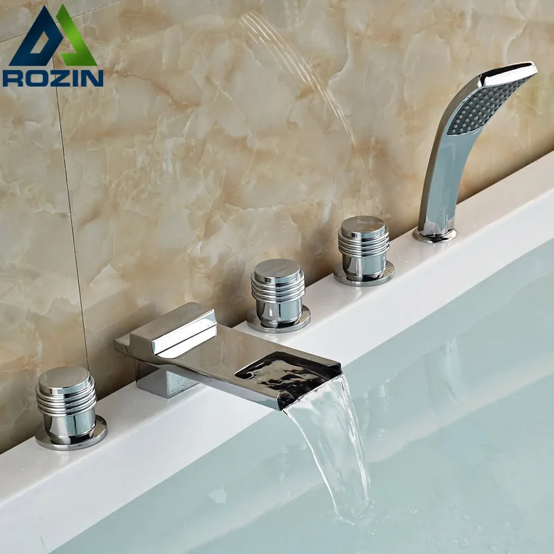 Deck Mount Widespread Bathtub Mixer Taps Waterfall Spout Brass Roman Tub Filler Faucte with Handshower