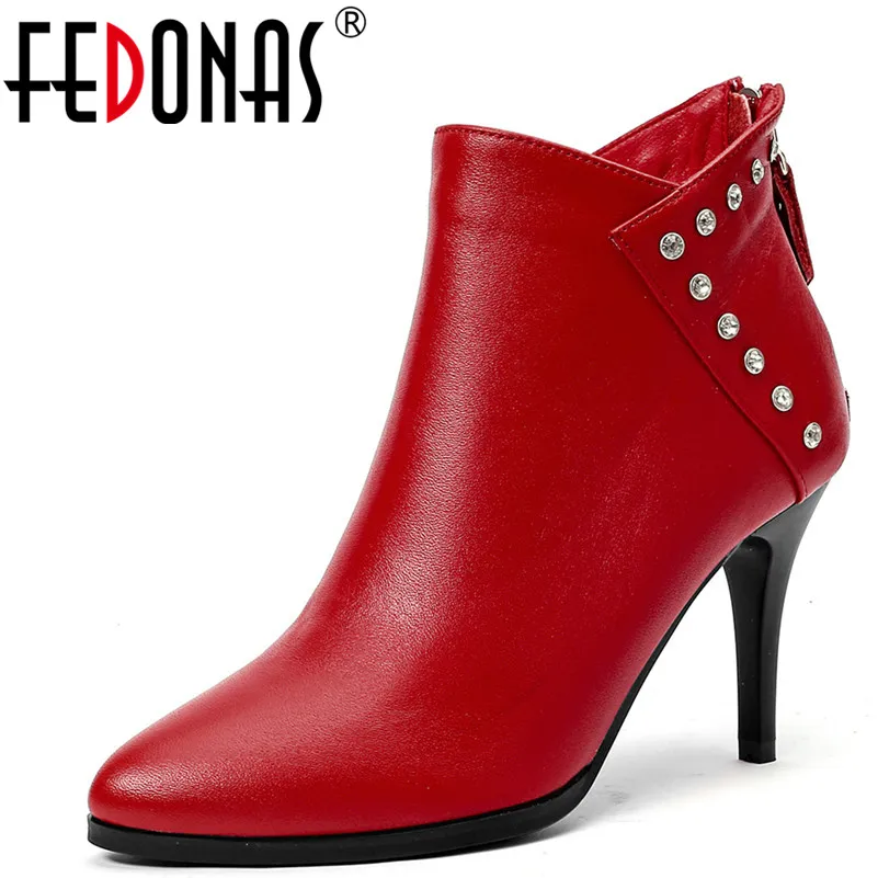 

FEDONAS New Women Ankle Boots Genuine Leather Autumn Winter Warm Thin High Heels Rhinestone Party Shoes Woman Office Pumps