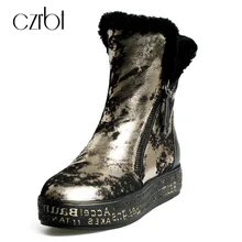 CZRBT Genuine Leather Snow Boots Really Fur Ankle Boots Winter Warm Wool Snow Boots Women Golden Silvery Zipper Boots Woman Shoe