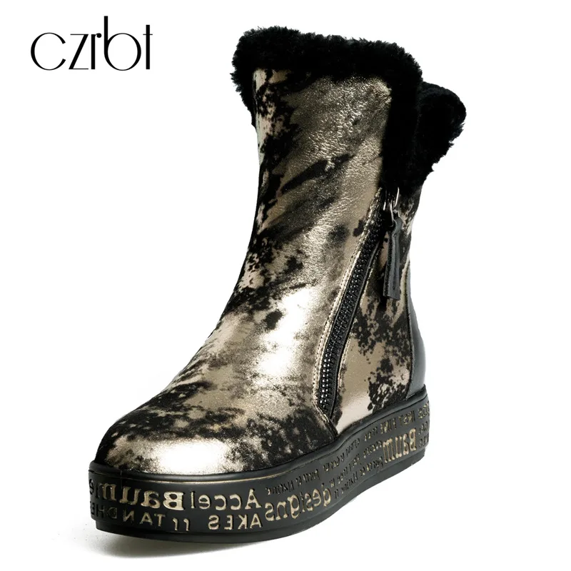 Czrbt Зимние сапоги из натуральной кожи действительно Меховые сапожки средней высоты зимняя теплая шерсть Женские снегоступы Золотой серебр...