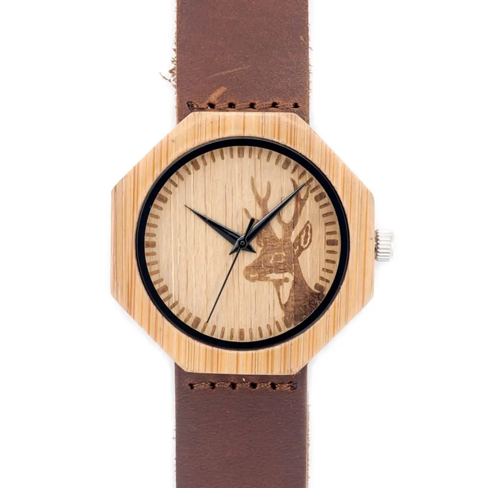 Engraved Deer head Natural font b Wooden b font font b Watch b font With Genuine
