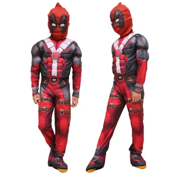 

Boys Deadpool Muscle Costume Cosplay Marvel Superhero Red Death Deadpool Purim Jumpsuit Halloween Costume Deadpool Suit 110-140