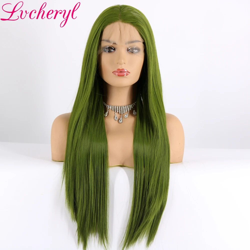 

Lvcheryl High Temperature Heat Resistant Fiber Hair Long Straight Green Synthetic Lace Front Wigs for Drag Queen Cosplay Makeup
