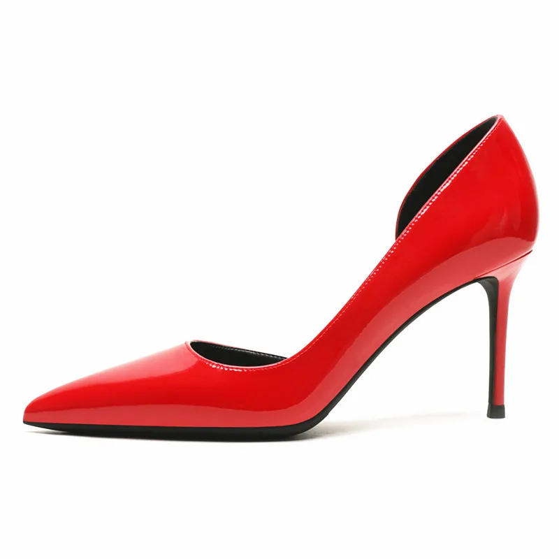 KATELVADI Size 34-42 Sexy Pumps Women Shoes 8CM High Heels Pointed Toe Shoes Red Patent PU Women Wedding Heels K-366