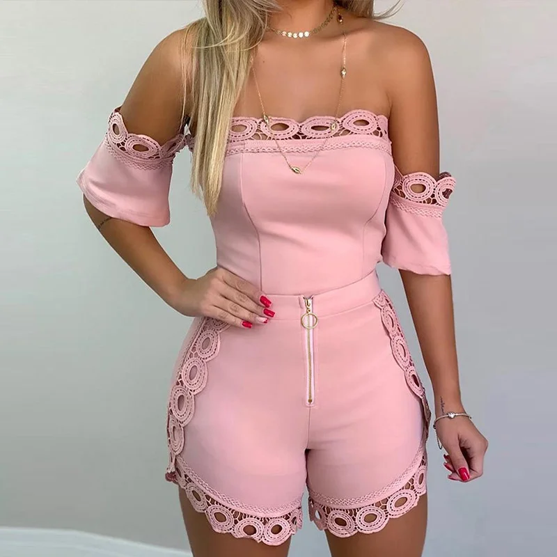 

Off Shoulder Hollow Out Lace Detail Plus Size Romper Women's Sexy Two Piece Tops And Shorts Set Short Sleeve Summer Streetwear