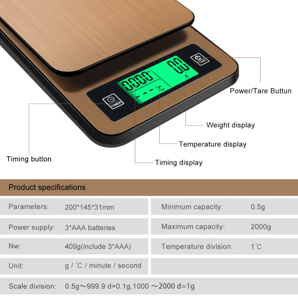 Najtaniej 2018 nowy czas ręcznie myte kawy waga elektroniczna z sondą cyfrowa kuchenna skala wysoka precyzja LCD waga żywności 1 KG 0.1g