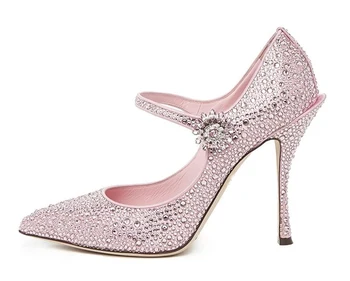 

Silla Rulers 2018 Autumn crystal pointed toe pumps woman sweet mary janes women shoes Water drill buckle thin heels party shoes