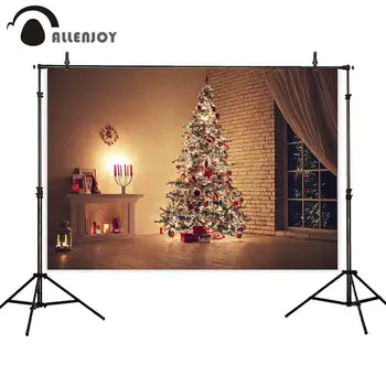 

Allenjoy Thin Vinyl photo background Christmas tree window fireplace candle party Warm golden gift decoration photocall backdrop